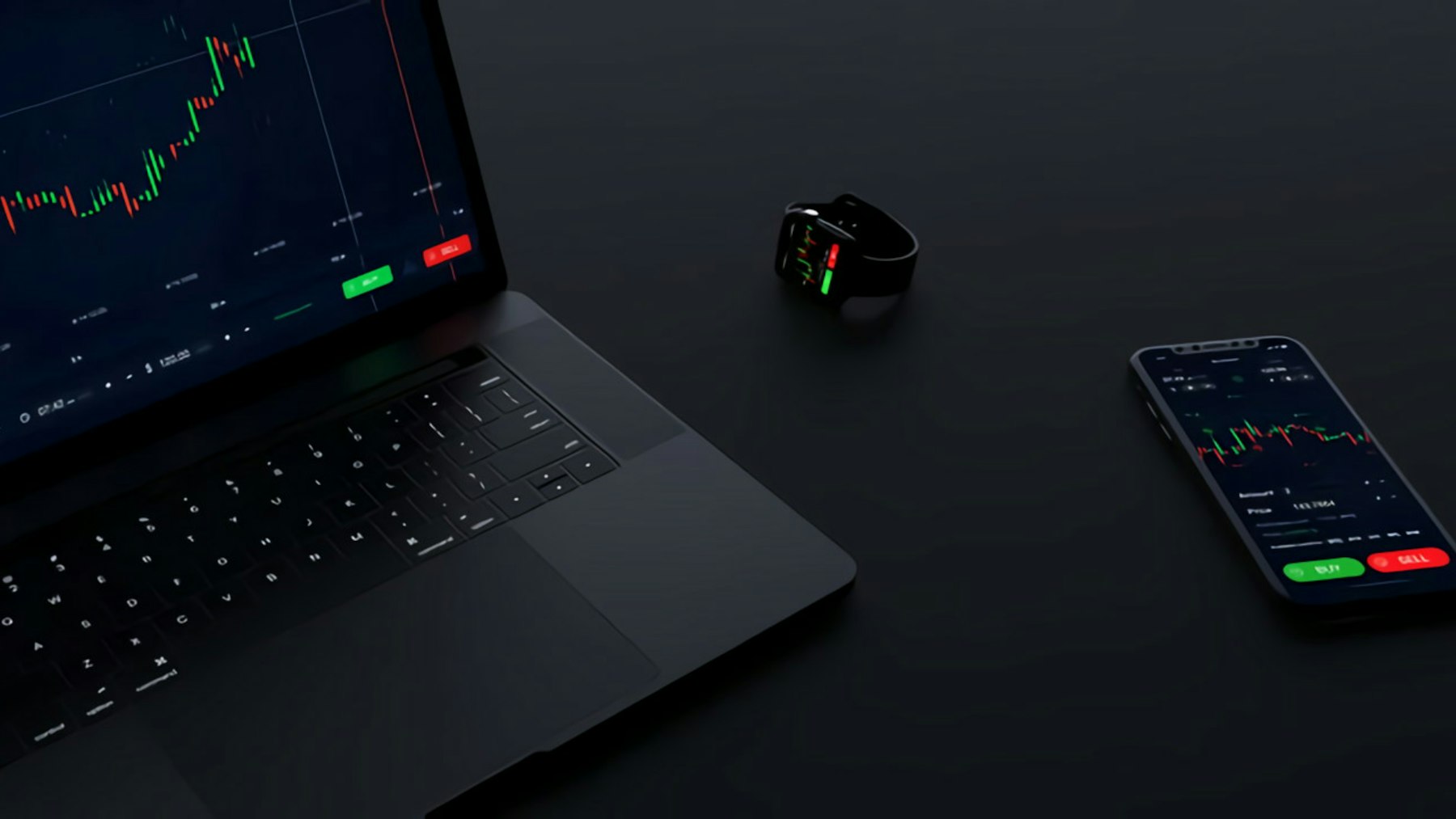 A price chart on a laptop beside a phone showing a sell order