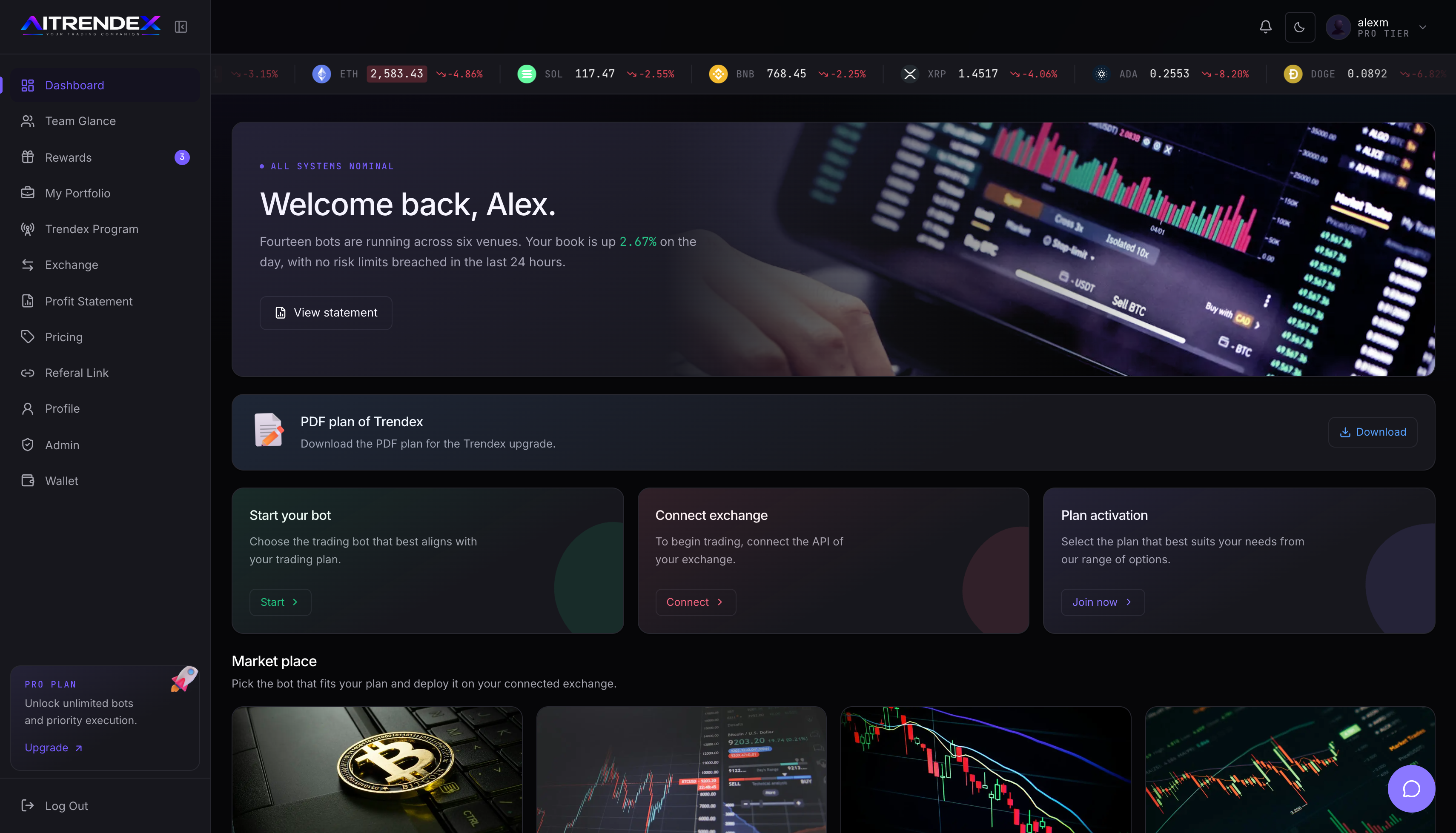 The AITrendex dashboard: live ticker, welcome banner, plan PDF, get-started cards and the bot market place